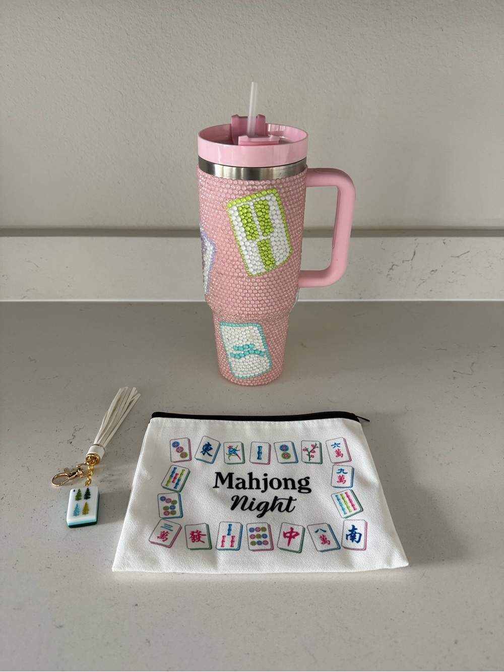 Mahjong beaded tumbler, zipper pouch and keychain